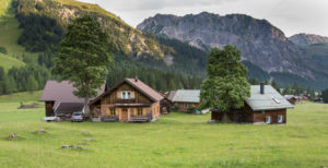House group, Alp, trees, meadow, mountains, summits House group, Alp, trees, meadow, mountains, summits